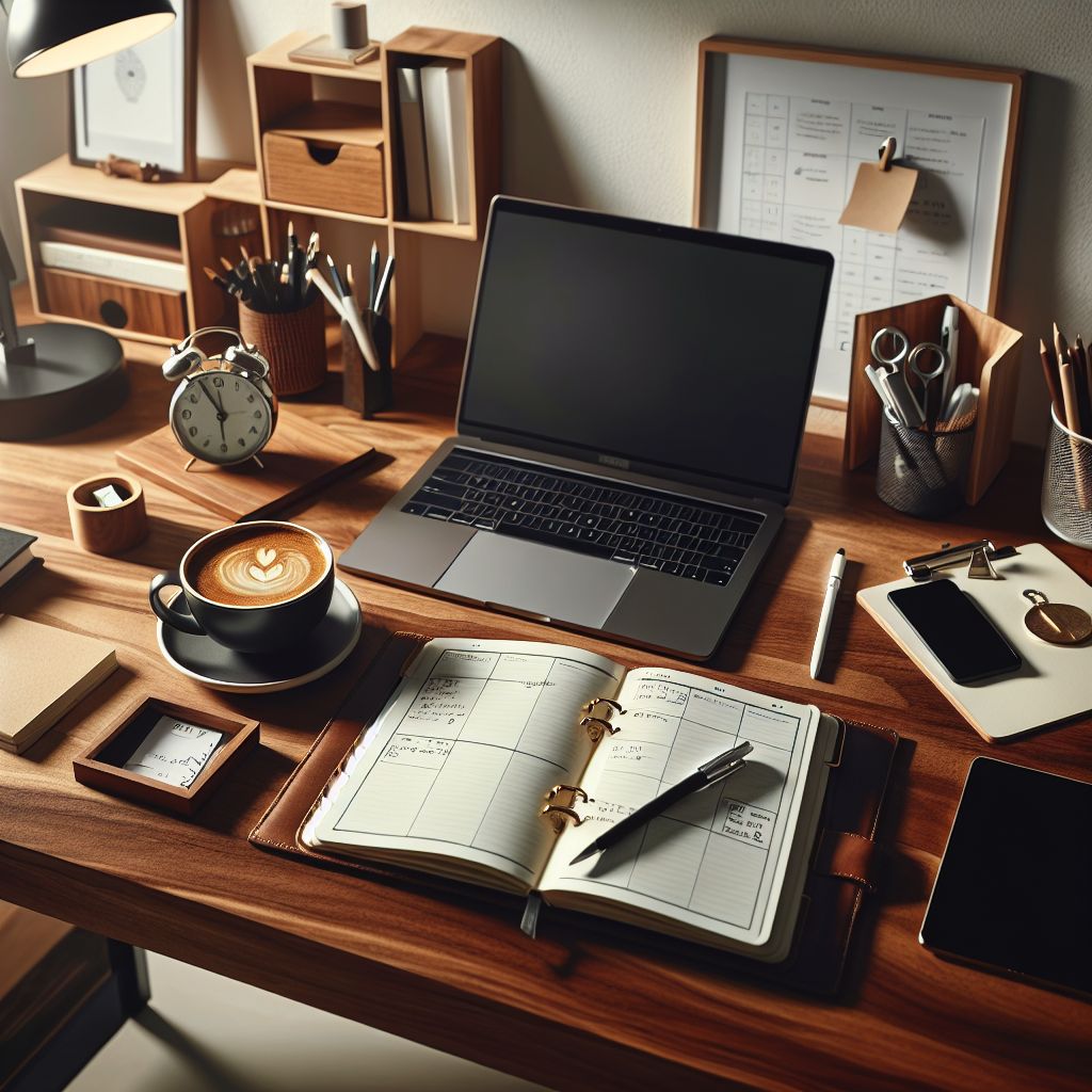 A tidy desk with a weekly planner, a notebook and a glass of water
